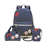 Moonwind Polka Dots Bow 3pcs Kids Book Bag School Backpack Handbag Purse Set for Girls Teen (Navy)