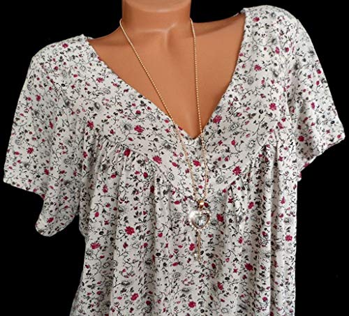 Womens Loose Plus Size Floral Print T-Shirt Tee S-5XL,Ruffle Short Sleeve V-Neck Basic Top Fashion Style for Laides and Girl White