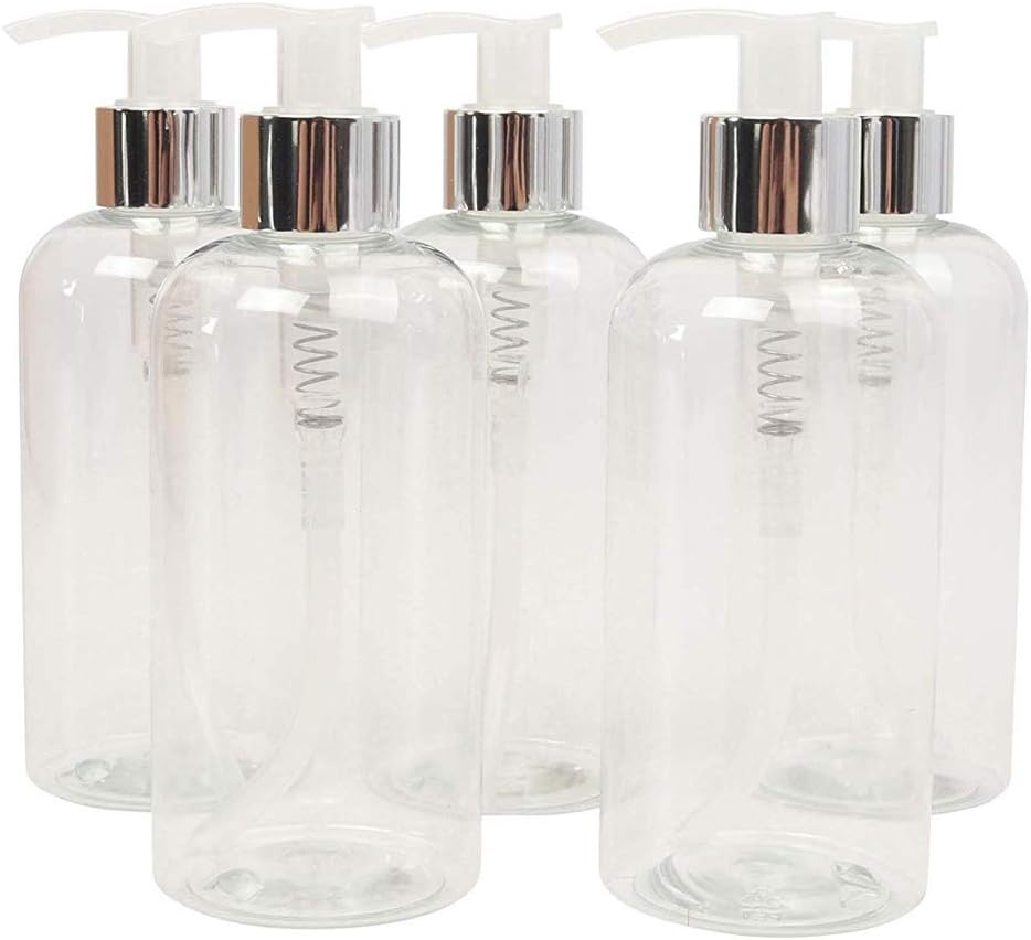 LUCEMILL 5 x 250ml Empty Clear PET Boston Plastic Bottles w/Transparent & Chrome Silver Lotion Pump Dispenser