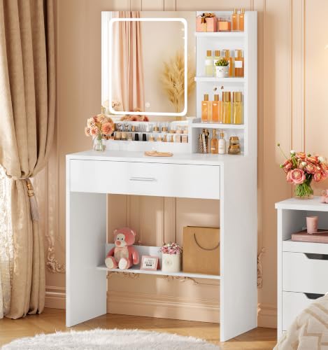 TEENFON Vanity Desk with Mirror and LED Lights, Small Vanity with 2 Open Compartments & 4 Shelves, Dressing Table with Large Drawer for Bedroom, White