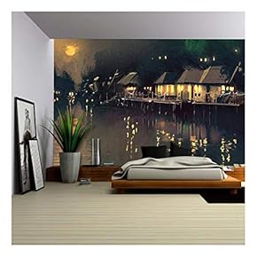 Illustration - Village Beside River,Night Scene Landscape,Illustration - Removable Wall Mural | Self-Adhesive Large Wallpaper - 66x96 inches