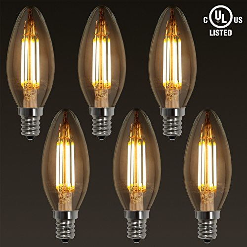 E12 LED Filament Vintage Light Bulb, Candelabra Base,4W (40W Equivalent), 2700K Soft White, Vintage Candle Light Bulb for Chandelier, Sconces, Home Decorative Lighting, 2 YEARS WARRANTY, Pack of 6