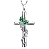 HVQP Butterfly Cross Urn Necklaces for Ashes Women White Gold Plated S925 Sterling Silver Funnel Filler Memorial Cremation Jewelry with Birthstone Sympathy Valentines Day Gifts for Women Loss of Loved One