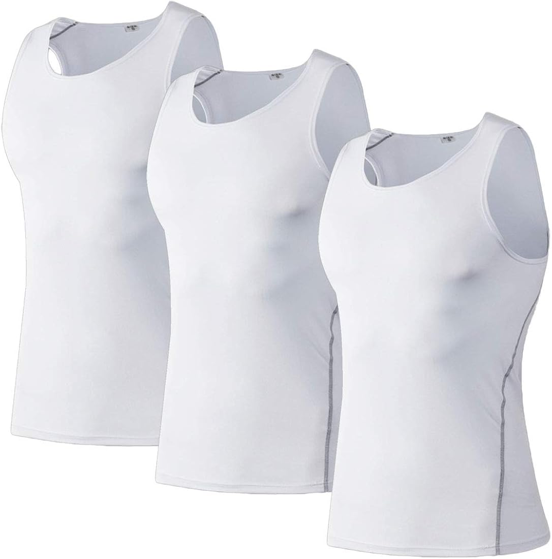 Mens Athletic Sleeveless Compression Shirt Slimming Undershirts Cool Dry Baselayer Under Tank Tops 3 Pack: Clothing