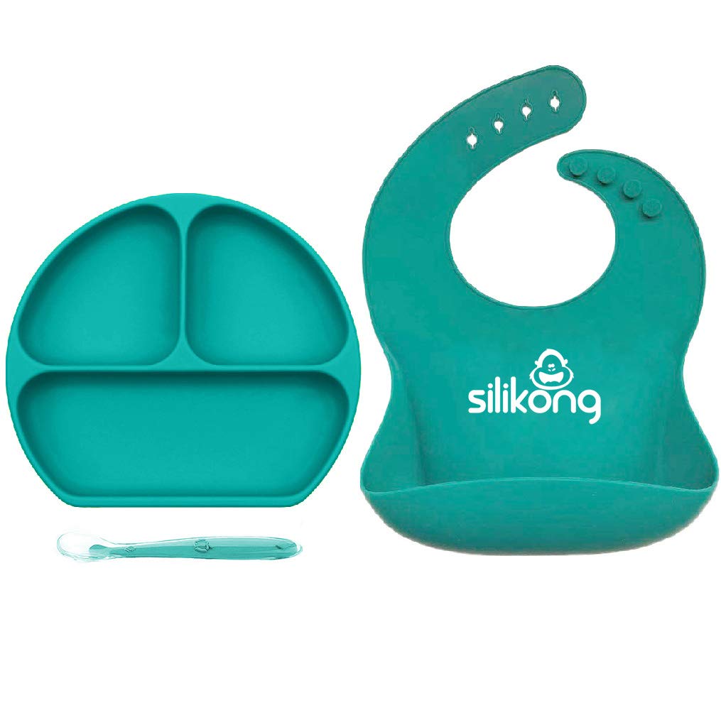 Silikong Suction Plate for Toddlers | BPA Free | Microwave, Dishwasher and Oven Safe | Stay Put Divided Baby Feeding Bowls and Dishes for Kids and Infants (Turquoise Set)