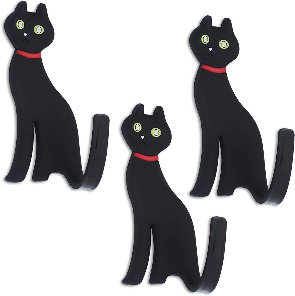 Cat Fridge Magnets Hooks - Decorative Elegant Magnet Hooks for Refrigerator, Dishwasher, Steel Door, Towels, Potholder, Keys, Cabinet, Whiteboard, Hangers and More, Set of 3, Black, Funny Vet Gifts