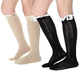 WonderFit Women 2 Pairs Knee High Boot Socks Hollow Lace Trim Leg Warmers black and Ivory