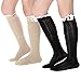 WonderFit Women Knee High Boot Socks with White Button Hollow Lace Trim 2 pairs black and Ivory