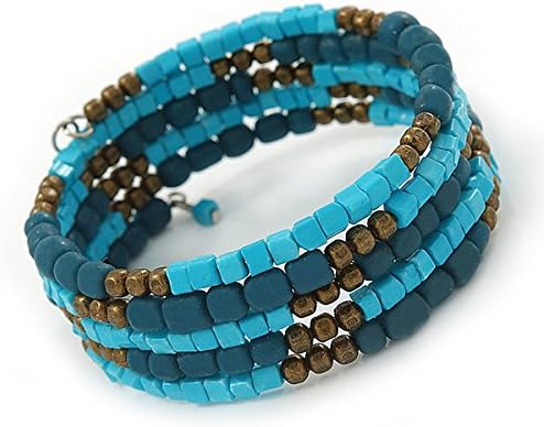 Avalaya Azure/Turquoise Stone Bead Multistrand Coiled Flex Bracelet Bangle - Adjustable, bronze, cyan / aqua, teal - Image 5