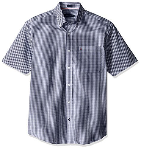 Tommy Hilfiger Men s Short Sleeve Reg Fit Gingham Buttondown Collar Dress Shirt, Riviera Blue, 16.5&