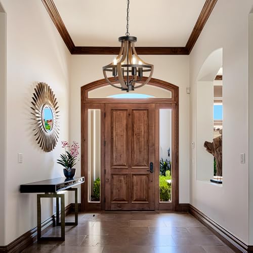 SEEBLEN Farmhouse Chandelier,Vintage 4-Light Hanging Pendant Light Height Adjustable,Rustic Metal Ceiling Light in Faux Wood Grain Color for Dining Room Kitchen Foyer Hallway Entryway Bedroom Closet.