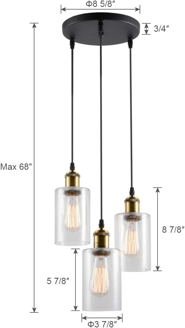 VILUXY Vintage 3 Light Glass Pendant Light Classic Cluster Chandelier Hanging Lighting Fixture with Seeded Glass Shades for Kitchen Island, Dinning Room, Bar, Cafe，Farmhouse - - 