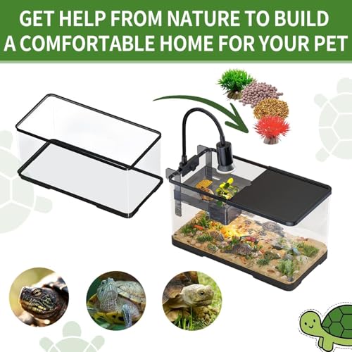 Homodoskey Acrylic Fish Aquarium Ultra Clear, Turtle Tank Starter Kit with Light & Filter, Innovative Bottom Drainage, Desktop Mini Habitat - Multi-Function Areas for Crabs & Small Reptiles (Size L)