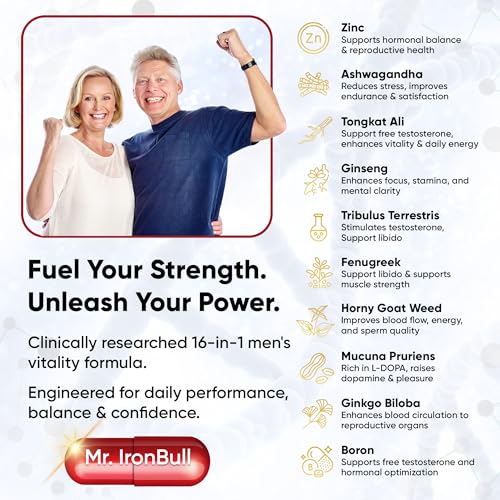 16-in-1 Testosterone Support & Advanced Men's Energy & Vitality Complex Formula | Made in Canada | High-Potency Herbal with Ashwagandha, Tongkat Ali, Maca, Tribulus, Ginseng, DIM, Horny Goat Weed, Boron, Vitamins & Minarels |Libido ,Muscle Building, Endurance, Male Vitality, Workout Recovery & Energy Support | Improved Mood & Male Reproductive Health | 90 Capsules