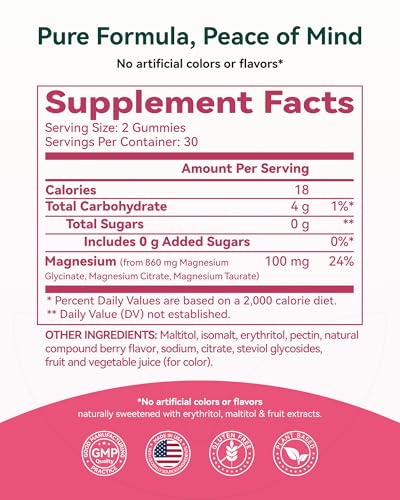 Magnesium Glycinate Gummies, Melatonin-Free & Sugar-Free Magnesium Supplement for Adults & Kids 4+, Supports Restful Sleep, Muscle Recovery & Calm Mood, 60 Count