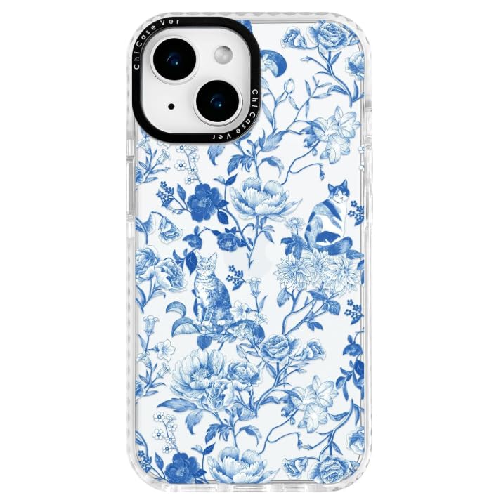 ChiCaseVer for iPhone 15 Case, Blue Floral Cat Pattern with Vintage Blooms, Military-Grade Drop Protection, Elegant Soft Slim TPU Protective Cover with Camera Protection for Women & Girls