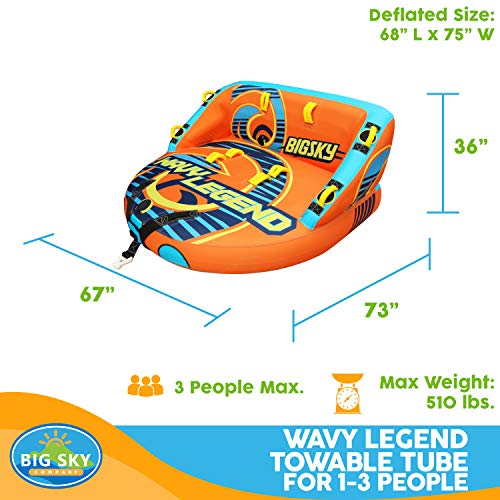Big Sky Wavy Legend Inflatable Towable Tube for Boating 3 Person - Durable Tube for Lake, Beach, River, Snow - Watersports Towables - Quick Inflation and Deflation - 3 Man Boat Toys and Floats.