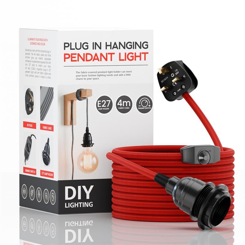 LEDSone Industrial hanging Pendant Light with plug-in, E27 Suspended Lamp Holder, 4m Fabric Flexible Cable with Dimmer Switch for Ceiling Hanging Lights(Red)