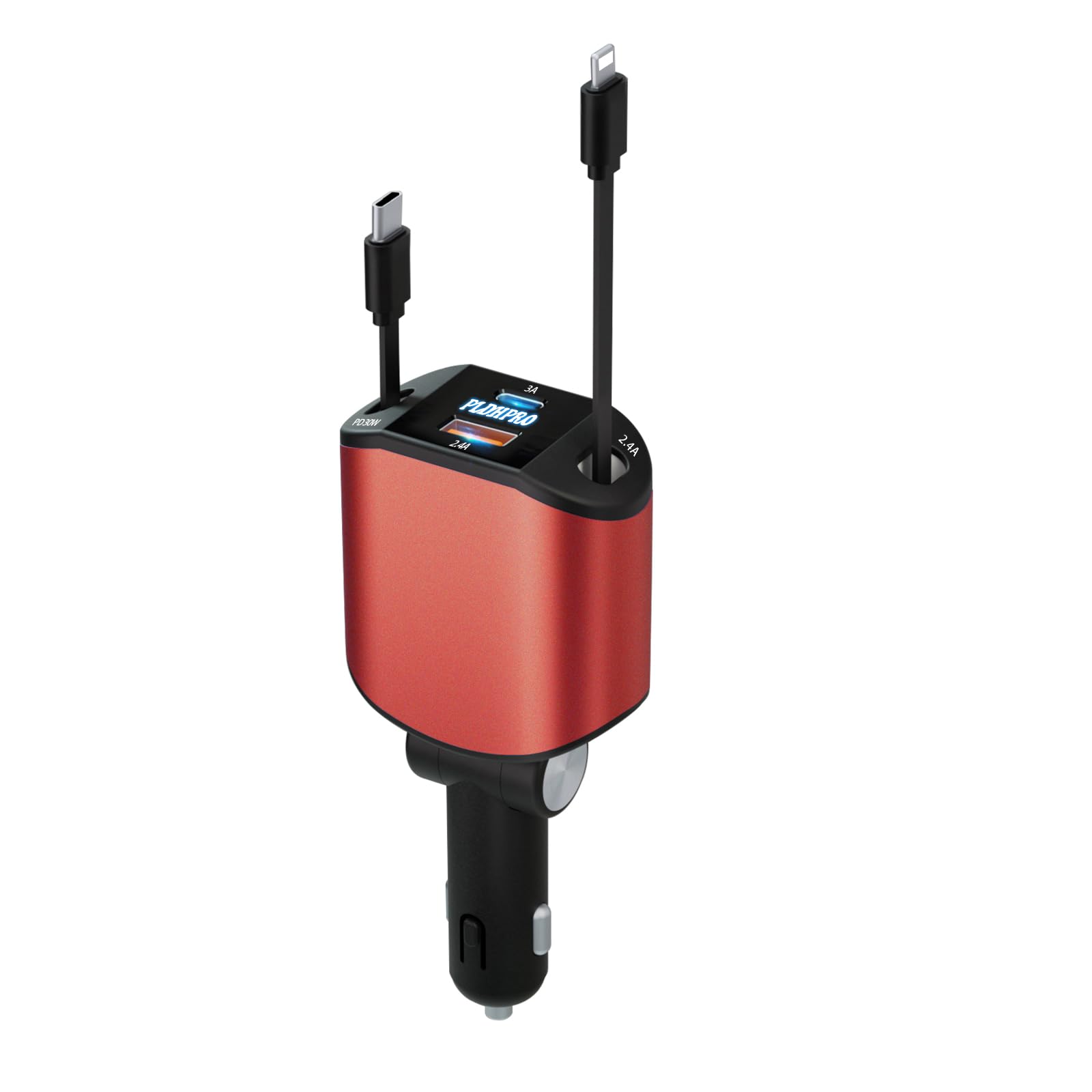 Retractable Car Charger 4 in 1, PLDHPRO 80W Phone Charger for Cars with 2.7ft USB-C and iOS Cable Compatible iPhone 16/15/14/13/12 Sam sungGalaxys25/s24/s23 Pixel iPad - Red
