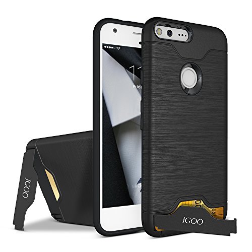 Google Pixel XL Case 5.5",JGOO High Impact Resistant Brushed Texture Dual Layer Protective Bumper,Flexible TPU & Hard PC Slim Shield Back Cover with Secure Hidden Card Slot for Google Pixel XL,Black