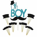 Shxstore Oh Boy Cake Topper Mustache Hat Bowtie Cupcake Picks For Baby Shower Birthday Party Decorations Supplies, 31 Counts