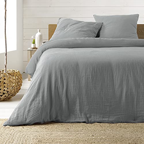 Douceur dInterieur, 3-Piece Bedding Set (260 x 240 cm) Angelia Grey, 1 Side Cotton and 1 Side Cotton Gauze