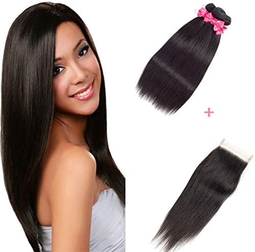 MS LOVE Virgin Human Hair Straight 3Bundles with Closure Lace Free Part Human Hair（18" 20" 22 wiht16inch closure) Soft 9A100% Unprocessed Brazilian Human Hair Extensions Natural Black Color …