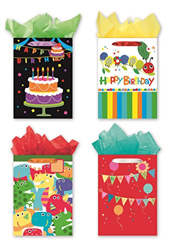 4 Jumbo Party Gift Bags, Birthday Gift Bags - Set of 4 Happy Birthday Gift Bags w/Tags & Tissue Paper