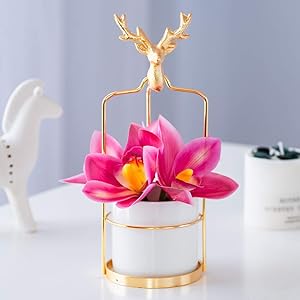Artificial Flower in Vase with Led Lights and Golden Deer State, Home Decor 3 in 1 (Rosy Orchid, White Ceramic)