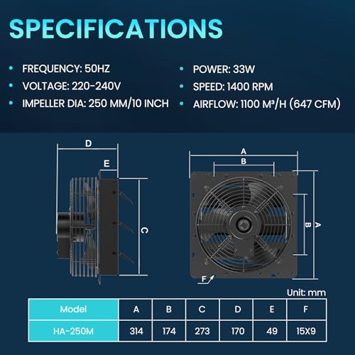 HG Power 250mm Shutter Exhaust Fan with Mesh Screen 1100m³/h Wall Mounted Extractor Fan Low Noise Shed Exhaust Fan for Ventilation Use, Basement, Gable, Chicken Coop, Black