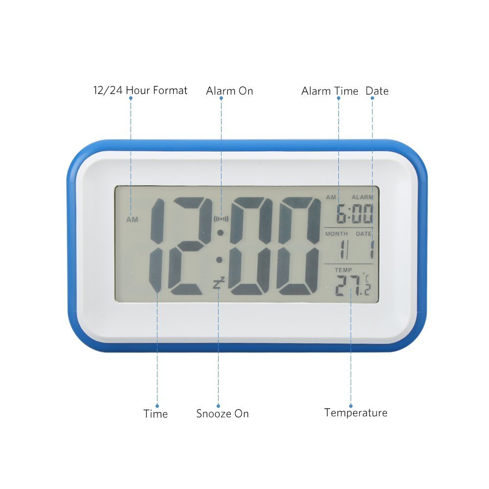 Reloj Despertador Digital VADIV CL01 Gran Pantalla Silencioso con Fecha Indicador de Temperatura Calendario y Luz de Noche Alarma con Sensor Táctil y de Luz Se Carga por USB o Batería AAA - Azul Oscuro