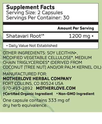 Motherlove Shatavari (60 ct.) Herbal Galactagogue Breastfeeding Supplement to Support Milk Supply - Great Choice for When Supply Dips from Return of Period