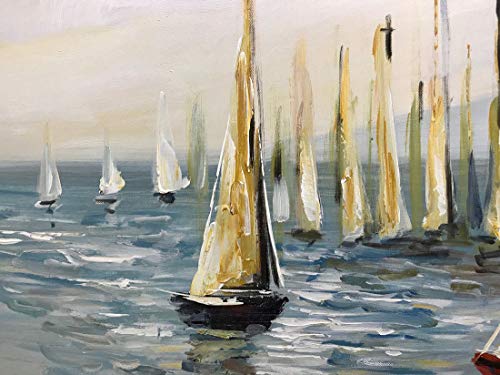 V-inspire Paintings，24x48 Inch Oil Hand Painting Sailing Boat on Blue Sea Warm Color Painting Style Home Decoration Wood Inside Framed Ready to Hang - Thumbnail 2