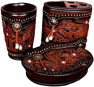 Western Lodge Theme 3 Pc Bathroom Accessory Set Tumber/Toothbrush/Soap (Star Concho)