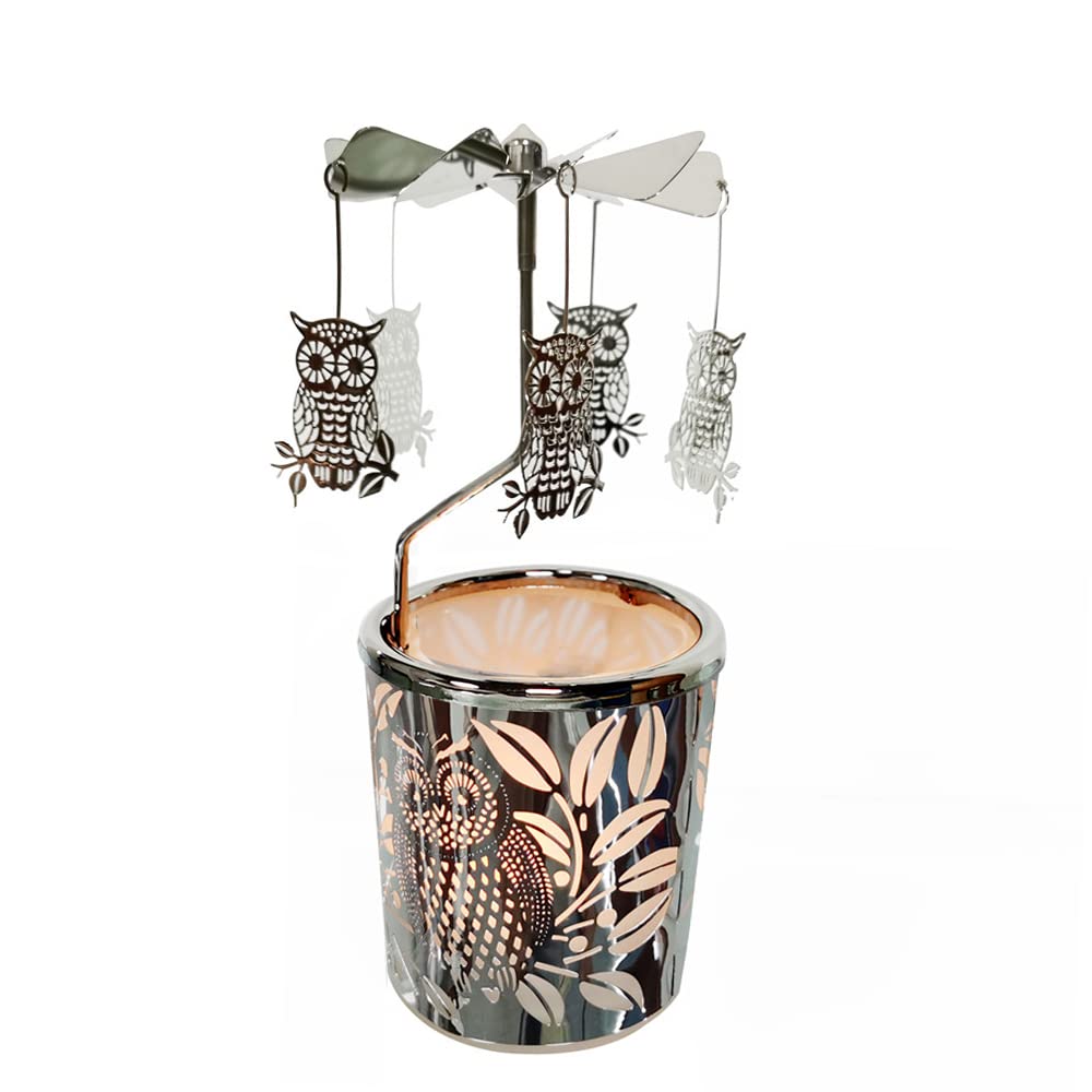 kingnero Owl Rotary Candle Holder Spinning teaLight Candlestick, Silver Carousel Candle Windmill for home Decor Gift