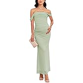 AISWI Women's Maternity Off The Shoulder Maxi Dress Mesh Ruched Bodycon Pregnancy Dresses Baby Shower Photoshoot