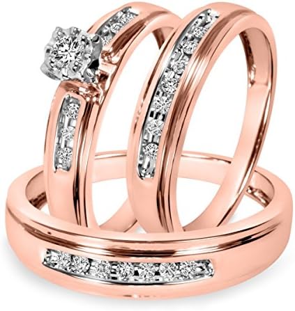 Silvercz Jewels Mens &amp; Ladies 1/4 Ct Diamond Matching Trio Wedding Ring Set 14K Rose Gold Fn