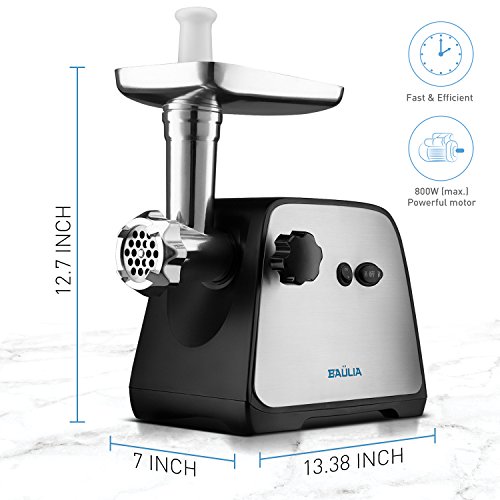 Baulia MG806 Electric Grinder for Home Use, 3 Cutting Blades & Stuffing Tubes, Stainless Steel Meat Mincer for Making Sausages, Chopped Liver, Size #10, Silver