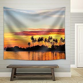 Sunset at The Seaside with Dark Silhouettes of Palm Trees and Amazing Cloudy Sky - Fabric Wall Tapestry Home Decor - 51x60 inches