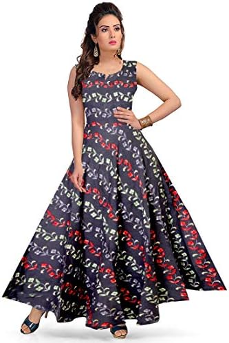 jwf Women's Long Midi Dress Jaipuri Print Rayon Dress (Multicolor, Up to XXL,Free Size)