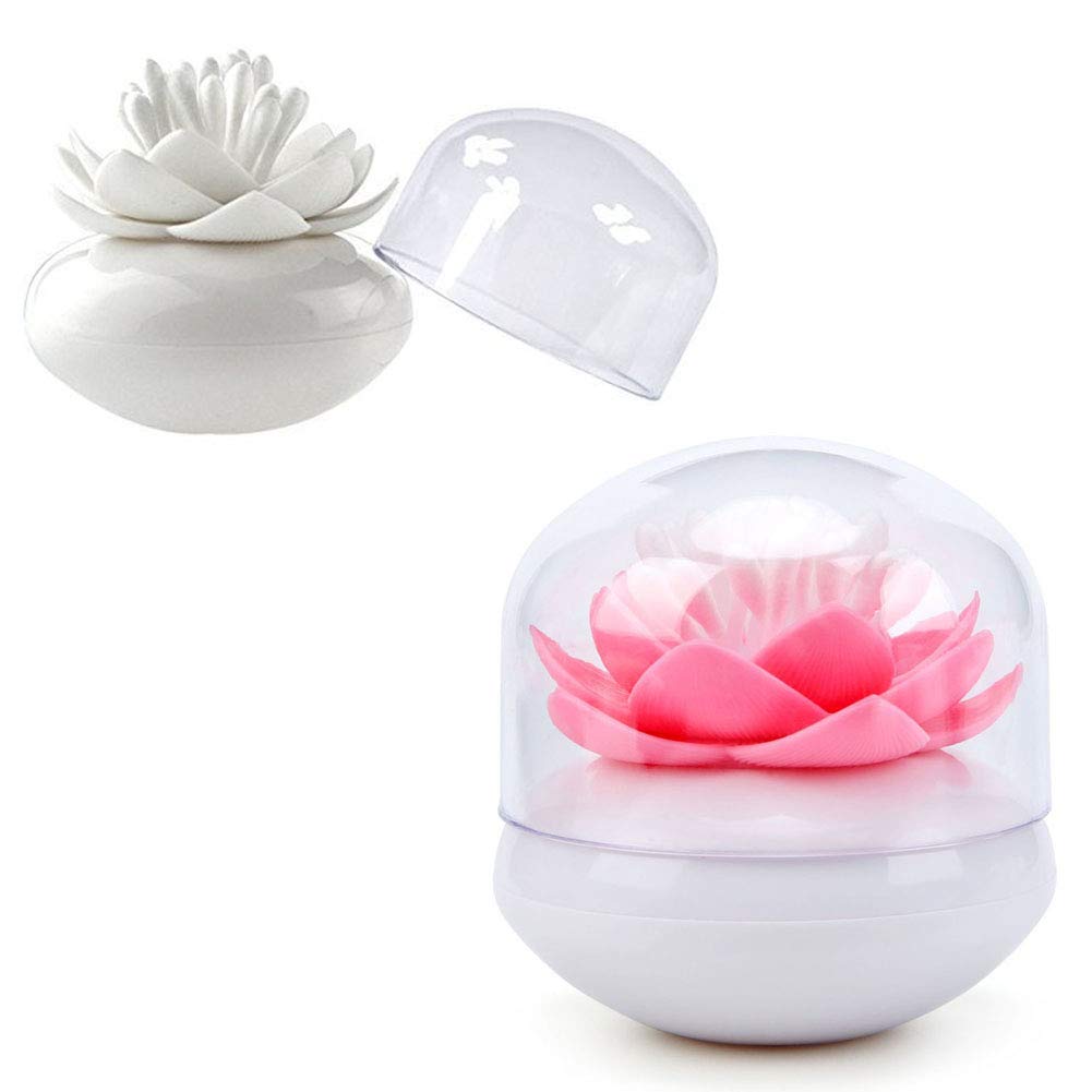 Lotus Cotton Swab Holder,Cotton Bud Small Q-tips Toothpicks Brushes Holder Box Case Storage Organizer Jar with Clear Lid Dustproof Cover (White + Pink)