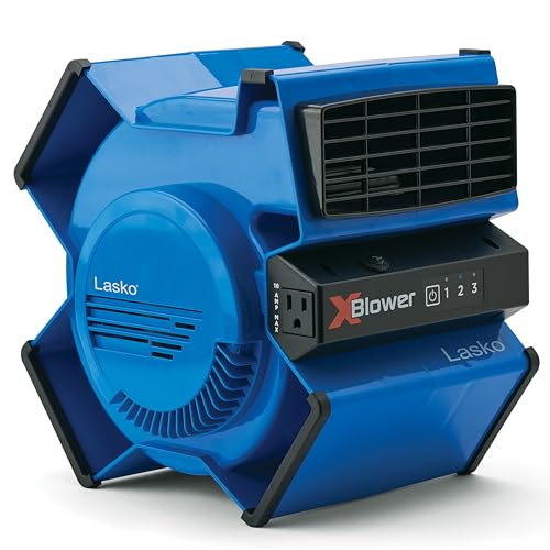 Lasko X-Blower High Velocity Pivoting Utility Blower Fan for Cooling, Ventilating, Exhausting, and Drying, 6 Position 3-Speed Floor Fan with AC Outlet, Circuit Breaker, USB Port, 11x9x12, Blue, X12905