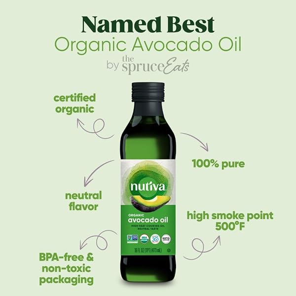 NUTIVA ORGANIC STEAM-REFINED AVOCADO OIL, 100% PURE, 16 FL OZ, USDA ORGANIC, NON GMO, WHOLE 30 APPROVED, KETO, PALEO, HIGH-HEAT OIL WITH NEUTRAL FLAVOR AND AROMA FOR COOKING & FRYING