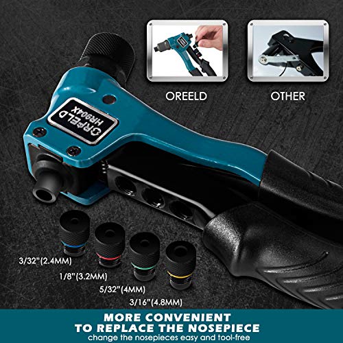 Orfeld Rivet Gun, Single Hand Manual Rivet Gun Kit With 4 Interchangeable Color Coded Heads, 100 Piece Rivets, 4 in 1 Hand Riveter Set for Plastic, Metal, Leather, Large & Small Jobs