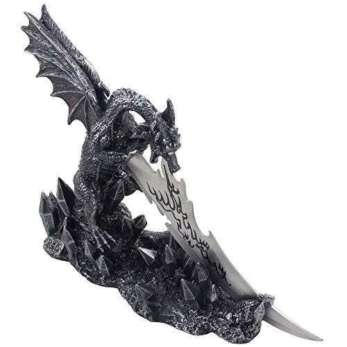 Mythical Guardian Dragon Knife on Display Stand Statue for Gothic & Medieval Decor Daggers or Mantel, Desktop and Shelf Decorations As Decorative Office Gifts For Men