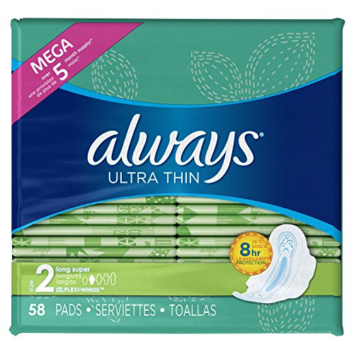 Always Ultra Thin Super Pads, With Wings, 58 Count