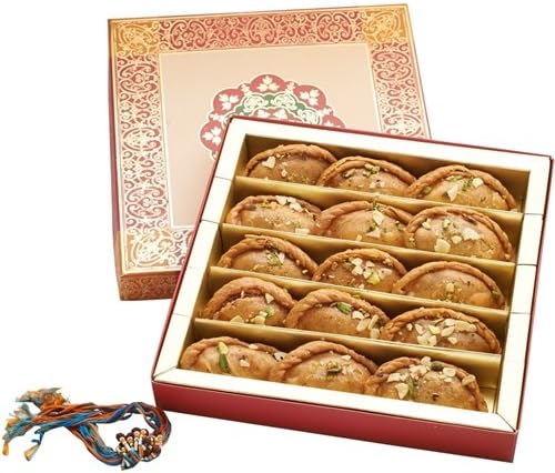 Ghasitaram's - Rakhi Bracelet Gift Set for Brothers for Raksha Bandhan - Designer Rakhi, Fresh Gujiya Sweet in Gift Box, Tikka and Chawal