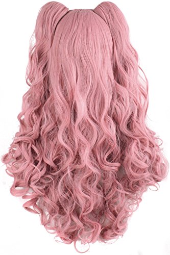 Tsnomore Long Curly Lolita Cosplay Wig junko cosplay wig + 2 clip on pigtail --Pink