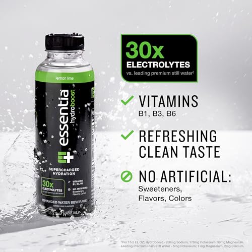 NEW ESSENTIA HYDROBOOST ENHANCED BOTTLED WATER, 15.2 FL. OZ. (450 ML), 12 PACK, LEMON LIME, HYDROLYTE BLEND WITH B-COMPLEX VITAMINS AND ELECTROLYTES, CLEAN TASTE & SUPERCHARGED HYDRATION