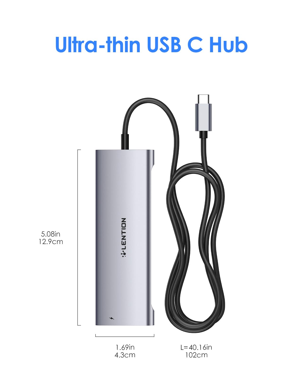 LENTION 3.3FT Long Cable USB C Hub with 4K HDMI, 2 USB 3.0, Card Reader, Aux, Type C Data/Charging Compatible 2024-2016 MacBook Pro, Mac Air/Surface, More, Stable Driver Adapter (CB-C37, Space Gray)